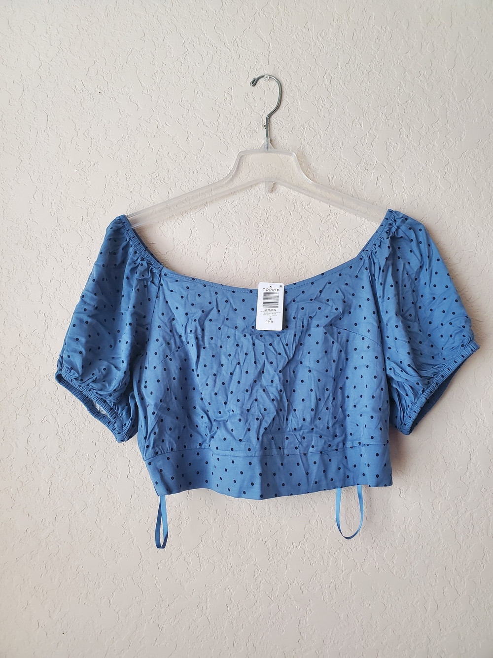 Torrid NWT Blue Polka Dot Puff Sleeve Crop Top Size 1X Plus Boho Chic Dot Blue